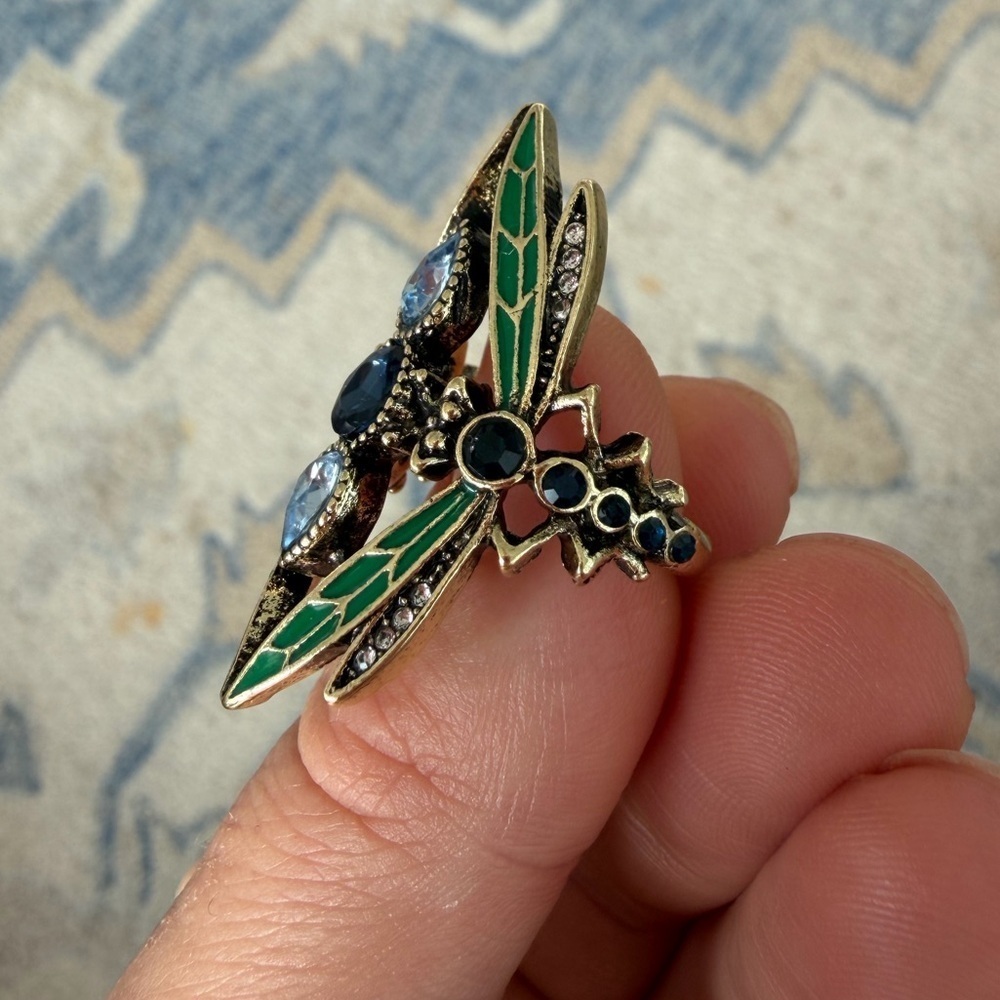 Vintage Enamel Art Deco Ring – Blue Crystal Gold Statement Jewelry - Picture 6 of 11